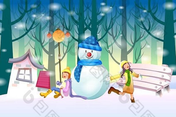 女孩使玩雪人冬天