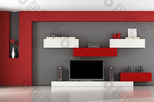 红色和灰色客厅，带墙壁装置和电视机-3d渲染