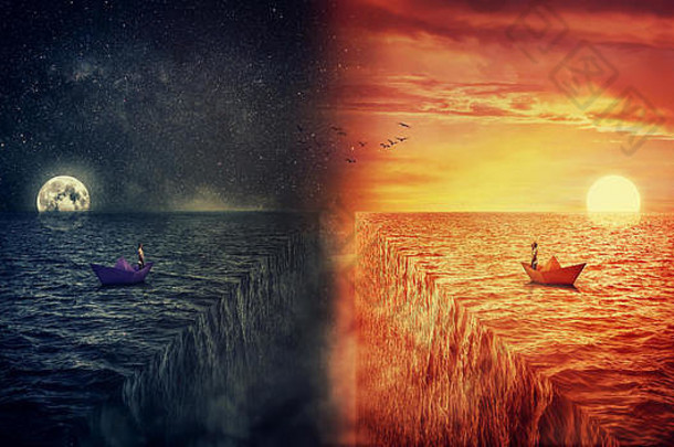 两个世界的概念观碰撞成一个迷失的人，在一艘纸船上，航行在海洋的中央，试图<strong>发现自己</strong>身处另一个世界。