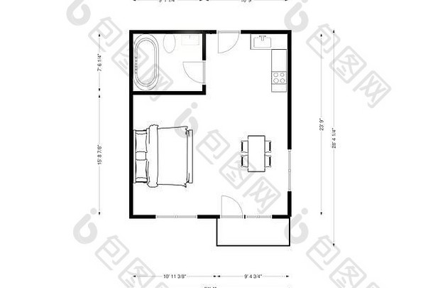 三维楼层平面俯视图。一套一楼的蓝图。房地产平面图。带家具的三维建筑平面图。给地板上色。