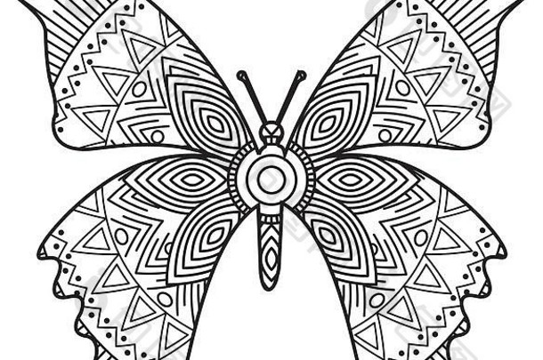 手绘成人彩色页面，带有蝴蝶色zentangle单色草图
