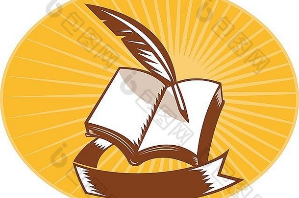 一本书的插图，羽毛笔和卷轴设置在椭圆形内，背景为阳光，采用木刻风格。