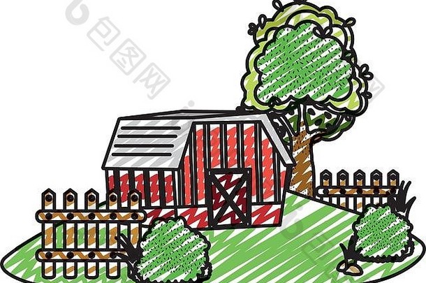涂鸦屋农场，有木格栅和树木