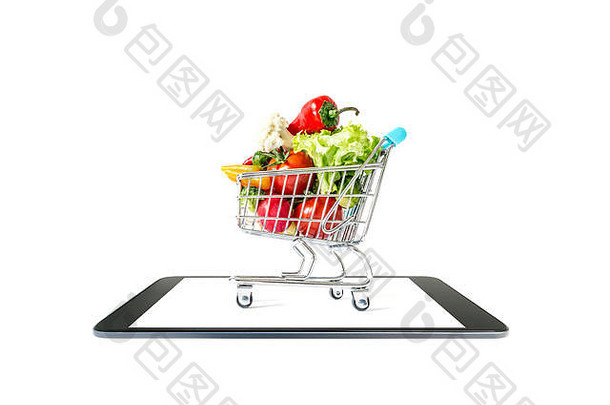 购物车新鲜的蔬菜特写镜头站智能手机平板电脑孤立的白色背景在线购物