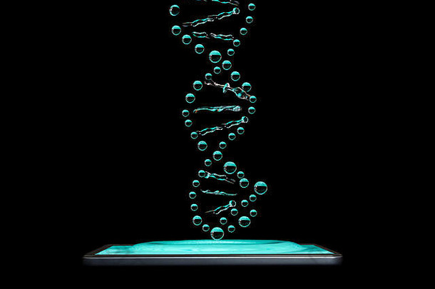 概念<strong>创意</strong>3D<strong>立体</strong>照片，水滴以DNA分子的形式溅落在智能手机内