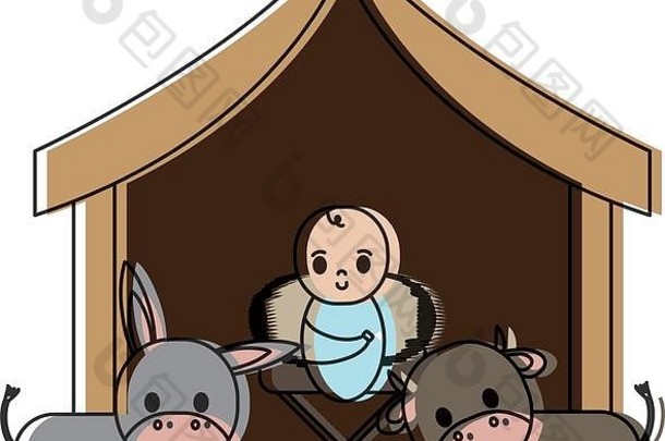 婴儿耶稣图标的马槽场景