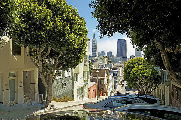 旧金山城市景观-市区的一段距离。旧金山，加利福尼亚，美利坚合众国。城市图片集。