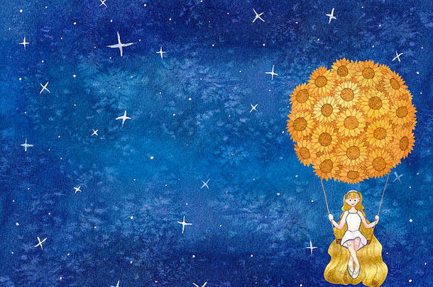女孩坐在银河夜空背景下向日葵气球下的秋千上。水彩插图背景。
