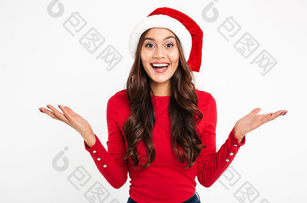 图像兴奋年轻的女人圣诞节他站孤立的白色墙背景相机