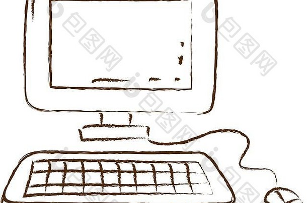 桌面电脑的单色手绘轮廓