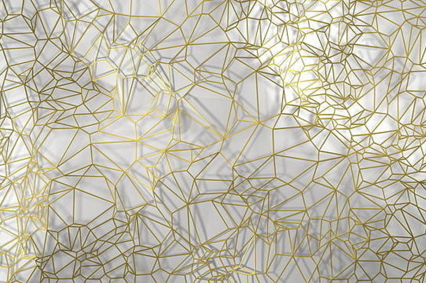 3d渲染，金丝制作的金色现代墙，随机簇三角形数字插图，抽象几何背景纹理。富贵