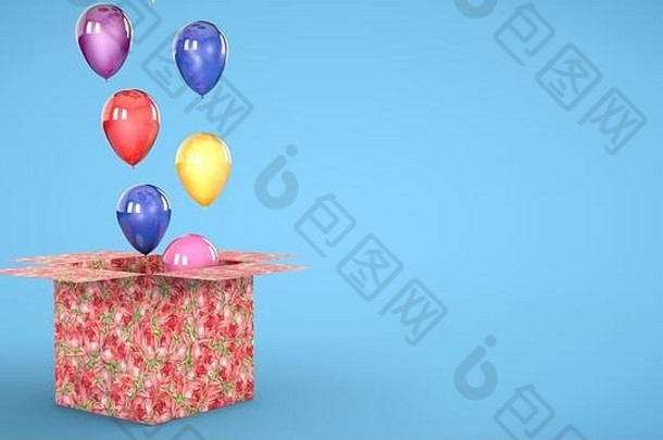 里面有彩色气球的礼品盒打开，然后气球升起。生日、情人节、周年纪念的概念。三维渲染。