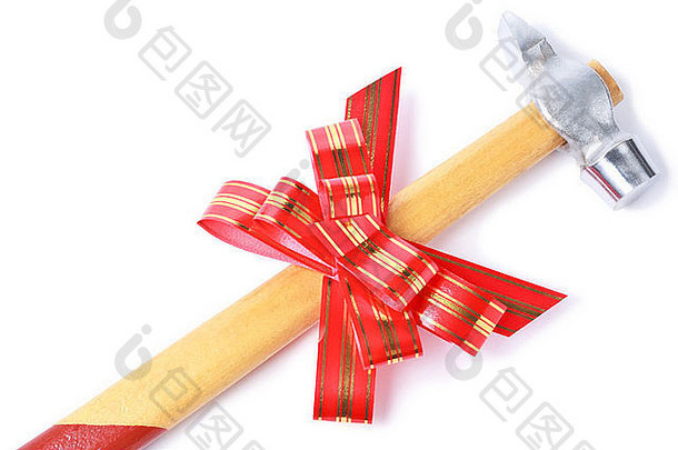 锤红色的金色条纹弓礼物杂工孤立的白色背景