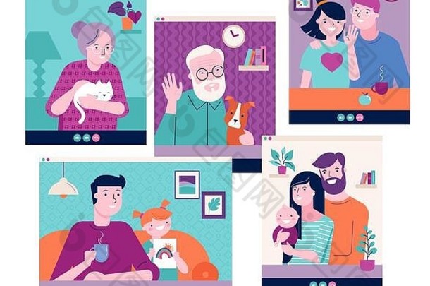家人、祖父母、孩子、夫妇、年轻人通过笔记本电脑、平板电脑或电脑在互联网上视频聊天。2019冠状病毒疾病流行概念