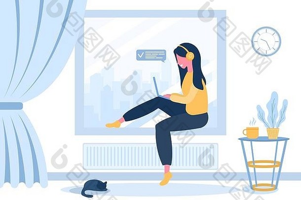 女人的自由女孩耳机移动PC坐着窗台上概念插图工作研究教育工作首页