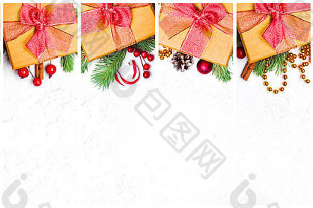 圣诞一套金色圣诞礼物。黄色礼物、星星、花环、绿色圣诞冷杉枝、红色冬青浆果和白色装饰的组合拼贴画