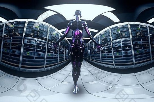 服务器机房中一个通常被称为Android人工智能的仿人机器人的3D插图