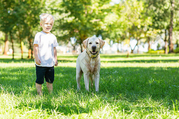 可爱的男孩和一只狗在公园里玩