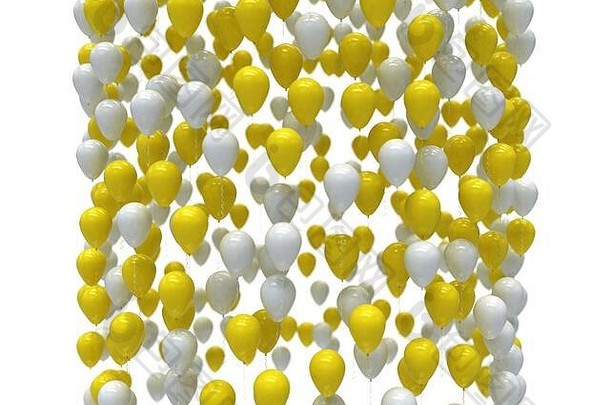 白色和黄色的庆祝气球背景，孤立。三维渲染