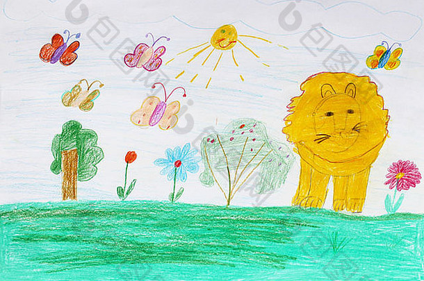 五彩缤纷的孩子们的画蝴蝶狮子