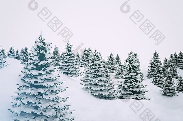 冬天景观树山覆盖雪孤立的白色背景