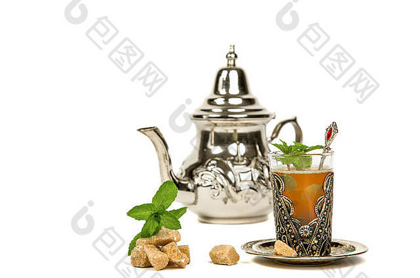 纯正的摩洛哥薄荷茶，<strong>原汁原味</strong>，白底茶壶