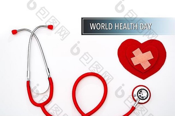 世界卫生日，医疗保健和医疗概念，白色背景上的红色听诊器和红色心脏