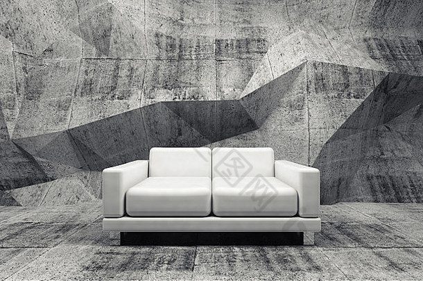 抽象室内，混凝土房间，白色真皮沙发，3d插图
