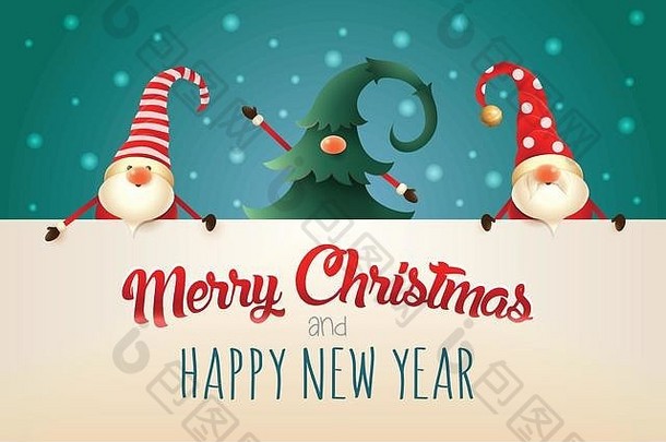 圣诞贺卡。三个圣诞侏儒，绿色背景上有招牌。一个藏在圣诞树里
