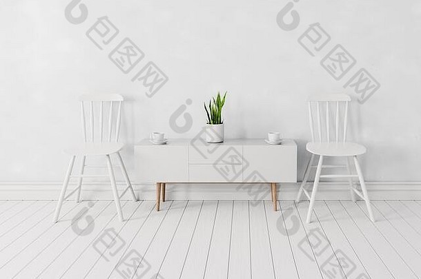 白色室内房间，白色木桌上有椅子和咖啡杯，保持坐姿间隔，社交距离，以防流行概念，3D插图