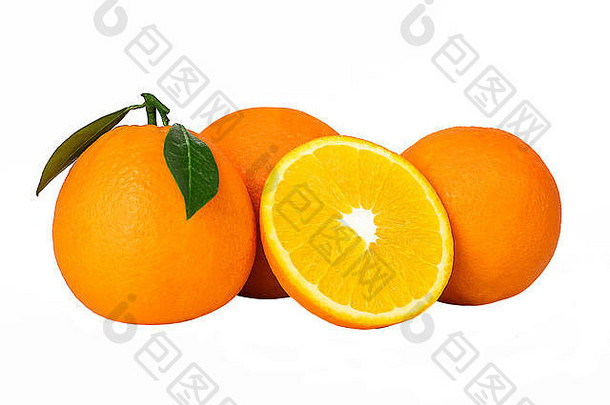 新鲜柑橘类水果和切片。橘子和柑橘类水果，在隔离背景上切片。白色背景的美味健康的橙子