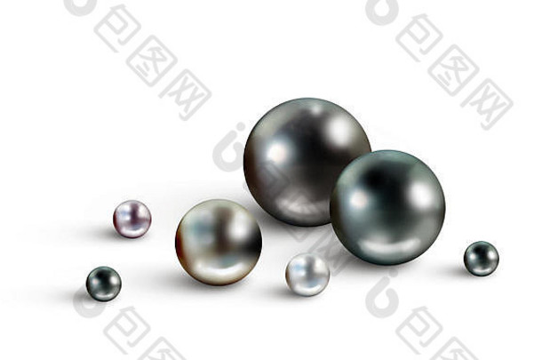 珍珠背景，白色背景上分离出许多大小不同颜色的塔希提黑珍珠