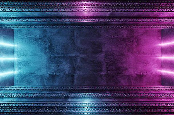 优雅的科幻现代未来主义空混凝土房间，霓虹灯闪烁，紫色和蓝色充满活力的灯管圆形背景壁纸3D渲染