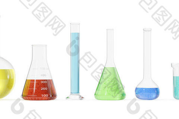 白色背景上带有有色液体的化学烧瓶。科学化学概念。带有彩色液体3D渲染的实验室试管和烧瓶