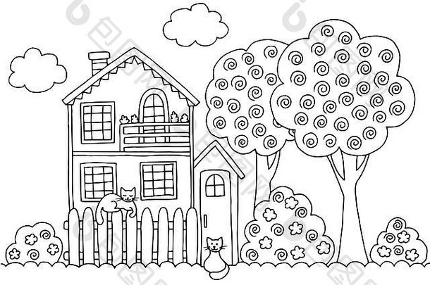手绘彩页，有舒适的两层房子、树木和猫，适合儿童和成人