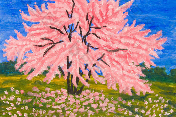 紫荆树盛开的风景，油画。