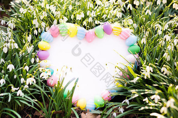 在春天的花园里，美丽的心形白板装饰着彩色的复活节彩蛋，还有雪花莲。为文本空间。彩色十二月