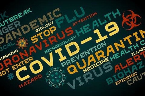 2019冠状病毒疾病标签云纹印刷术，在黑暗的背景下冠状病毒。主题为抗击病毒的关键词。