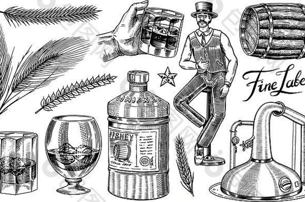 威士忌套装。玻璃瓶，木桶，苏格兰威士忌和波旁威士忌，小麦和黑麦，维多利亚男人，干杯。经典的美国符号。烈酒