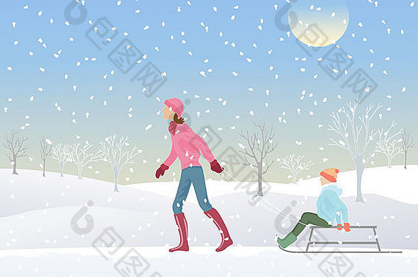 在蓝天下的圣诞节，一位妇女和一个孩子在一个多雪的公园里玩雪橇