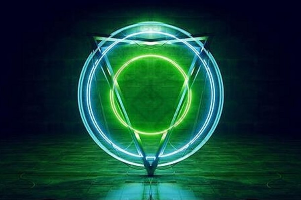 霓虹灯激光科幻圈绿蓝色未来派混凝土Grunge大厅隧道舞台室三角形抽象电缆结构夜空赛博3