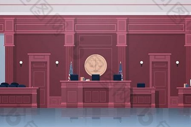 空法庭法官秘书工作场所陪审团盒子座位现代法院室内正义法学概念水平