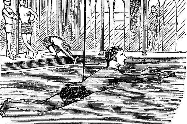 借助绳索学习游泳，古董雕刻插图。特罗塞特百科全书（1886-1891）。