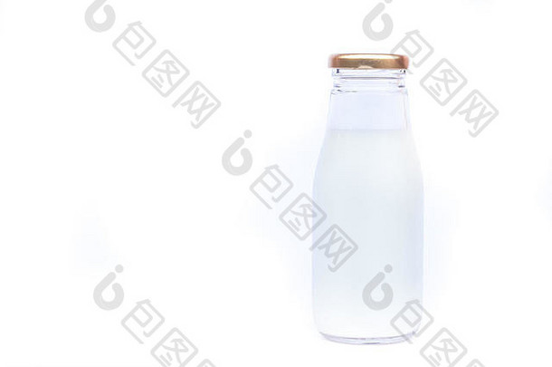 白色背景的传统玻璃奶瓶，库存照片