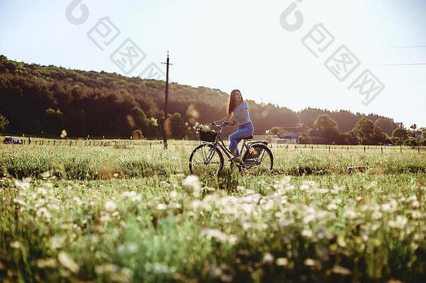 在温暖<strong>的</strong>阳光下，女孩骑着自行车和小<strong>狗</strong>在田野里散步