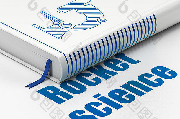 科学概念：书籍显微镜，白色背景下的火箭科学