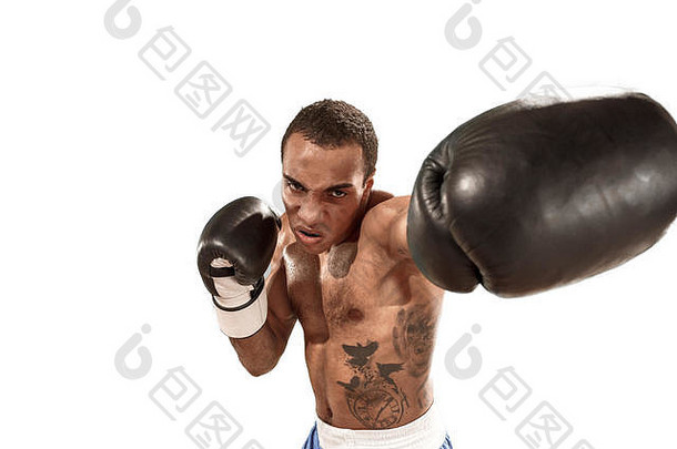运动男人。拳击锻炼照片拳击手白色背景