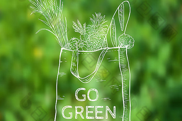 可重用的购物生态袋绿色模糊背景手画插图