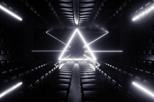科幻未来主义电白三角发光背景激光霓虹灯隧道走廊太空外星人飞船黑夜反射金属车库战争