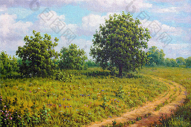乡村道路和草甸中的树木抽象景观。粗糙画布上的艺术油画插图